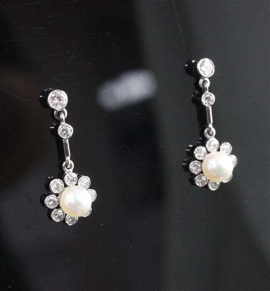 A pair of early 20th century white gold, cultured pearl and diamond cluster drop earrings, 22mm.